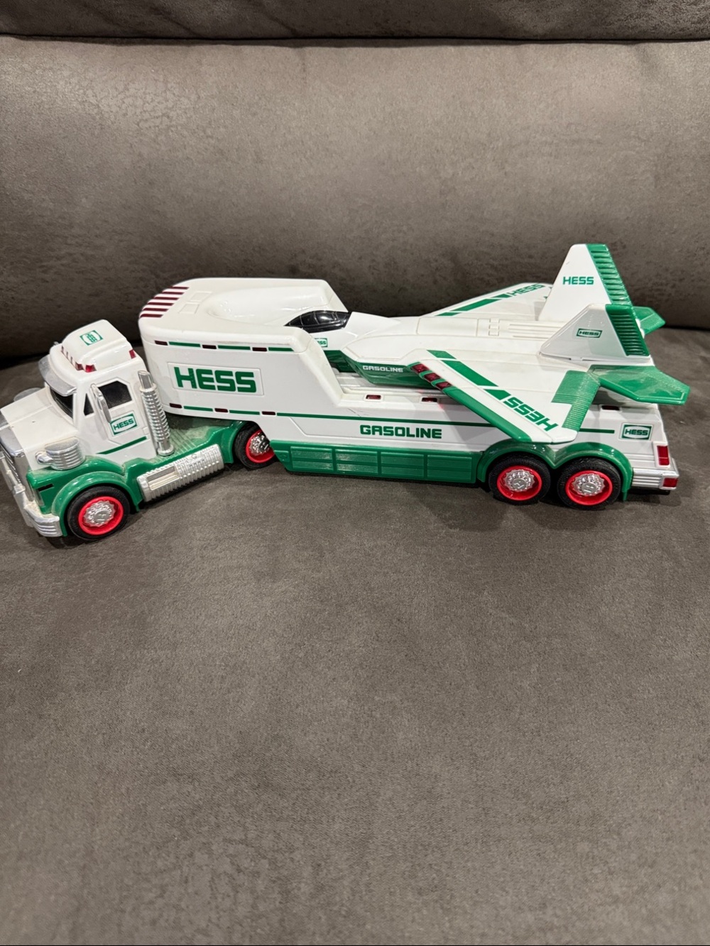 HESS White & Green Gasoline Truck with Jet Carrier - Kids Vehicle Playset